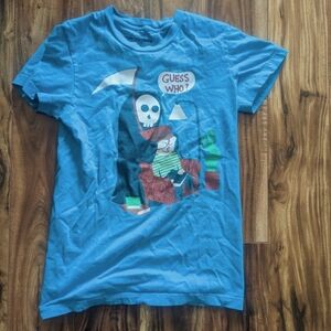 Blue Graphic Tee With Grim Reaper Design, Size XS